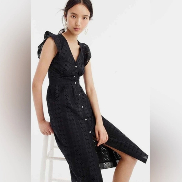 J. Crew Midi Button Up Front Eyelet 100% Cotton Black Dress Size 6 - Picture 2 of 11